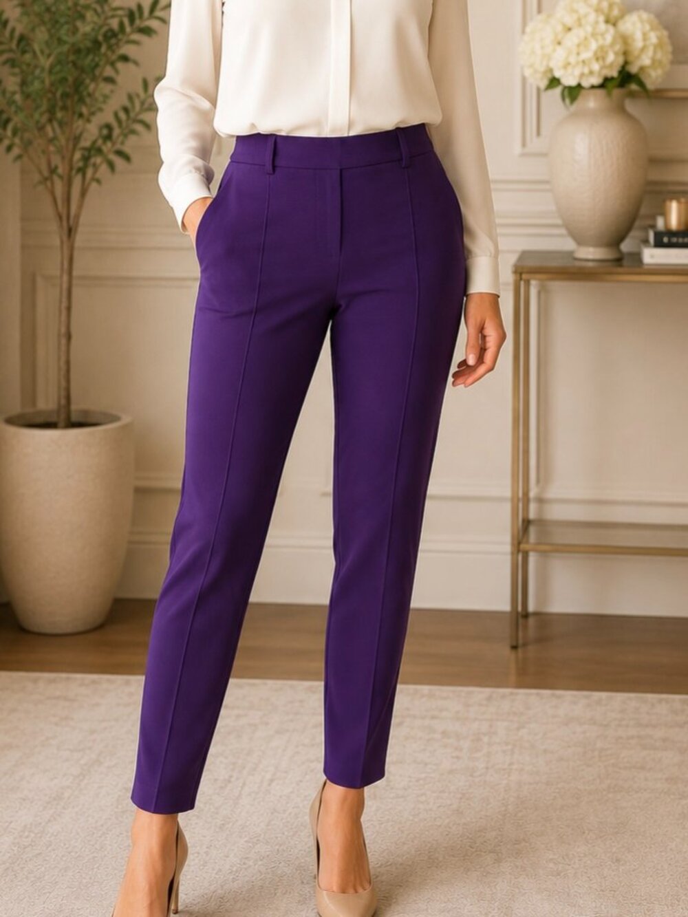 Tahari ASL Purple Ponte Knit Seamed Ankle Pants Women's Sz 16 NWT Career